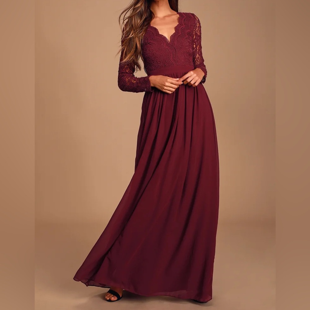 Awaken My Love Burgundy Long Sleeve Lace Maxi Dress